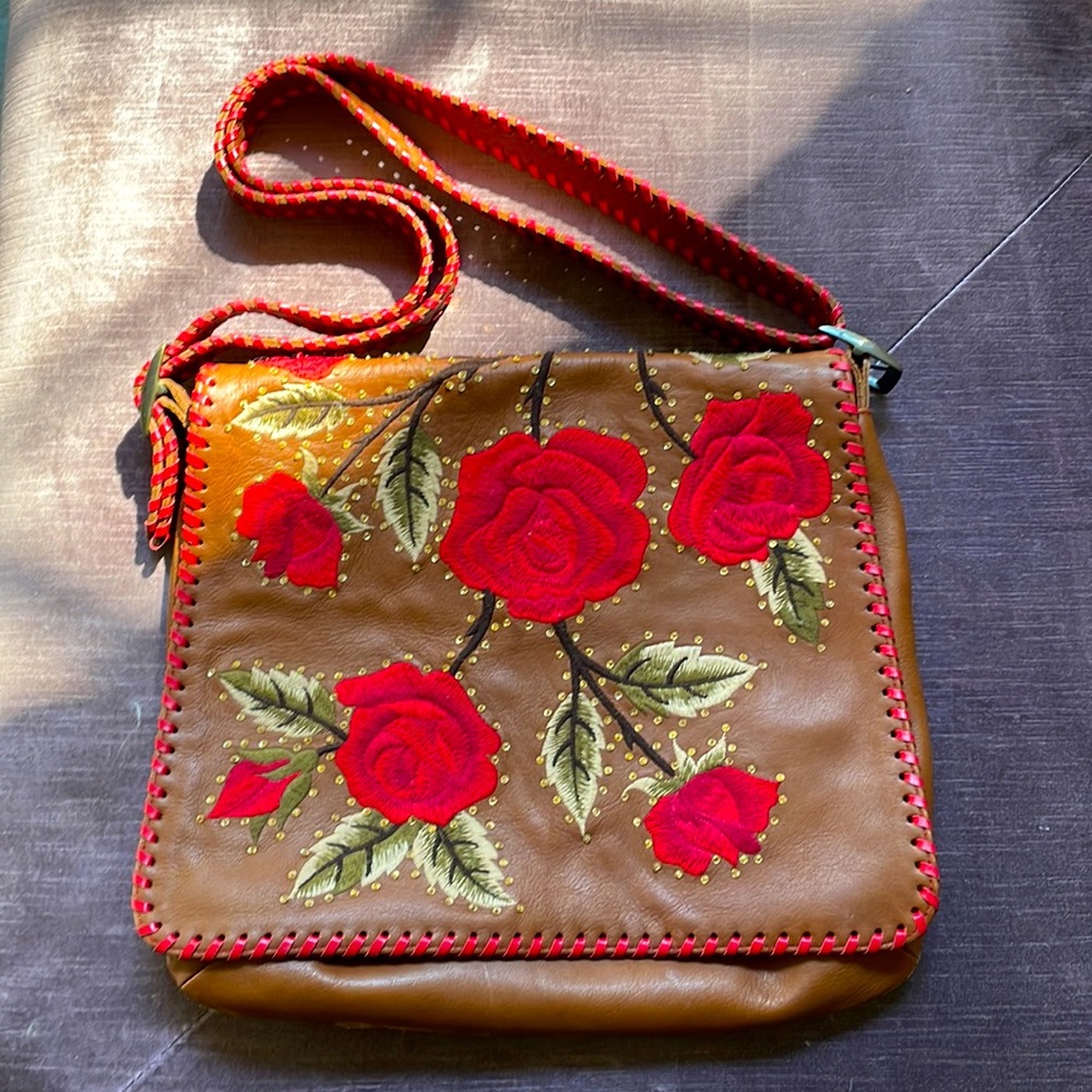 Isabella Fiore Brown Leather Bag Embroidered Roses (Fringe removed)